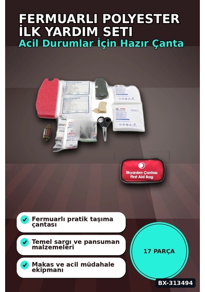 Fermuarlı Polyester Çantalı 17 Parça Acil İlk Yardım Seti Araba Ev Ofis Bx-313494