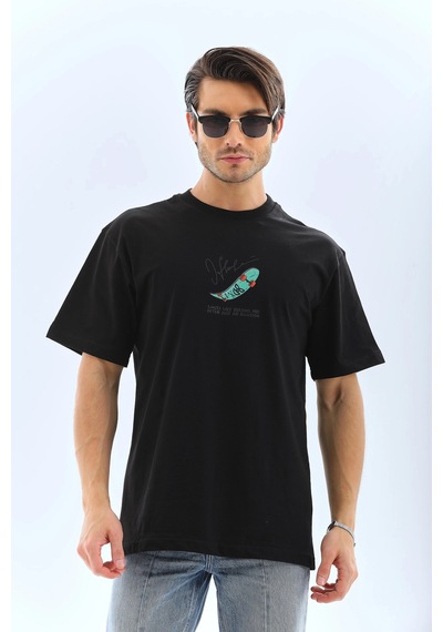 Erkek Kısa Kol Baskılı Bisiklet Yaka T-shirt - Siyah Siyah