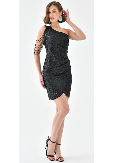 Hanife Glam Couture Hanife Glam Tek Omuz Taş Tasarımlı Mini Pulpayet Elbise Siyah