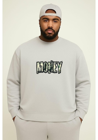 Benroma 3 İplik Penye Money Baskılı Büyük Beden Unisex Sweatshırt Gri