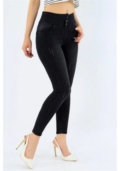 Defymoda Yüksek Bel Likralı Kot Pantolon Siyah