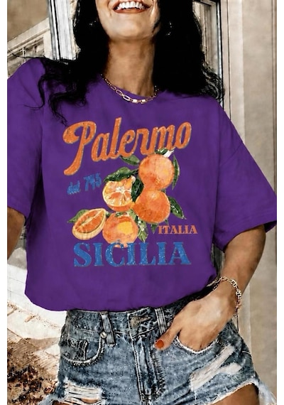 Palermo Sicilya Portakal Temalı Bisiklet Yaka Pamuklu Oversize T-shirt Mor