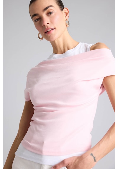 Defacto Slim Fit Çift Katmanlı Ribana Pembe Kadın T-shirt G9546ax/pn186