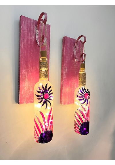 Peri Led Aydınlatmalı Pembe Ahşap Dekorlu, Vitray El Boyama Kırçi Pembe