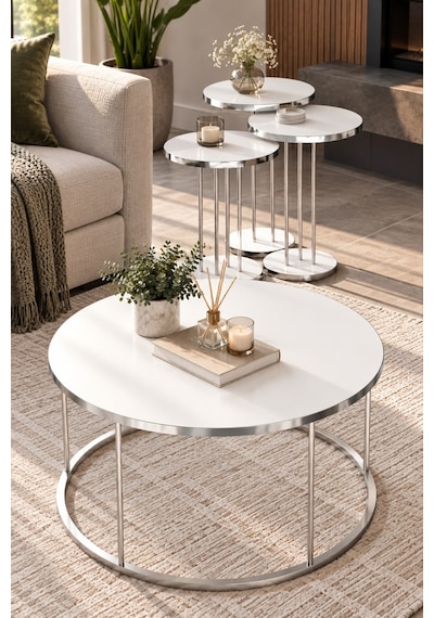 Sulorahome 4'lü Beyaz Ve Gümüş Renkli Yuvarlak Sehpa Seti Sehpalar Beyaz Ve Ayakları Gümüş