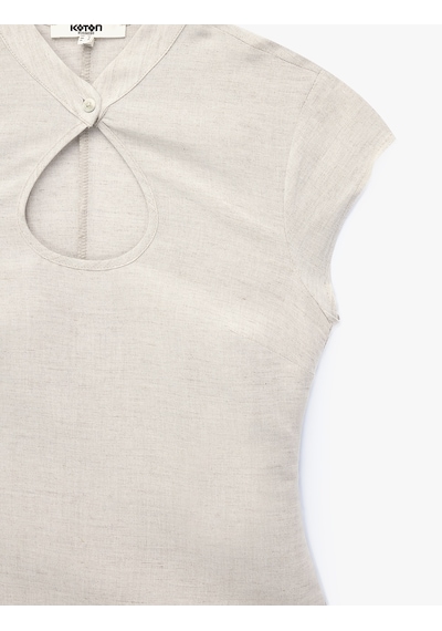 Koton Damla Pencere Detaylı Mandarin Qipao Yaka Kısa Kollu Keten Bluz Bej 7wak60173uw Ekru