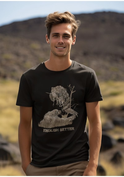 Avcılık Hunter Ağaçlı English Setter Çulluk Yazı Baskılı %100 Pamuk Regular Fit Siyah T-shirt Siyah