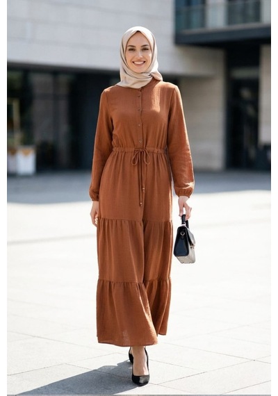 Hb Harma Time Butik Kadın Düğmeli Bağcıklı Taba Tesettür Keten Elbise