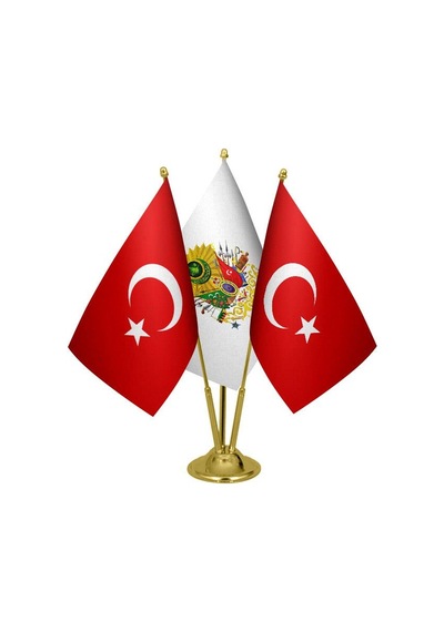 Masa Üstü Osmanlı Arması Bayrağı Türk Bayrağı Üçlü Pirinç Direk M