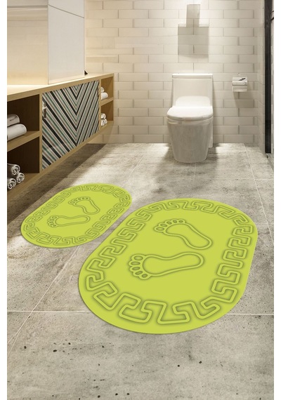 Buççin Online Mağaza Dijital Baskılı Kaymaz Yıkanabilir Ayak Desen Oval Banyo Takımı Klozet Takımı Polyester Yeşil Çok Renkli