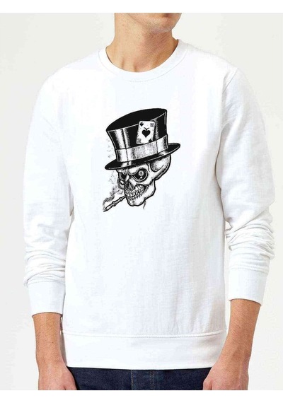 Gamblıng Smoke Skull Baskılı Beyaz Erkek Örme Sweatshirt (534643250)