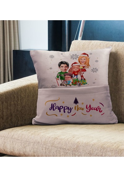 Bk Gift Kişiye Özel Yılbaşı Karikatür Tasarımlı Organizer Kumanda Ve Atıştırmalık Cepli Pembe Kırlent Yastık- 5, Yılbaşı Hediyesi, Yeni Yıl Hediyeleri Sarı