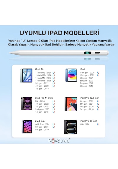 Novstrap Apple Uyumlu iPad 7/8/9 Nesil 10.2 İnç İle Dokunmatik Tablet Kalemi Pen Dz915 Şarj Ekranlı Avuç İçi Reddi Stylus