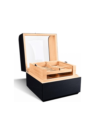 Cigarloong Karbon Desen Camlı Katlı Humidor Puro Kutusu 150s