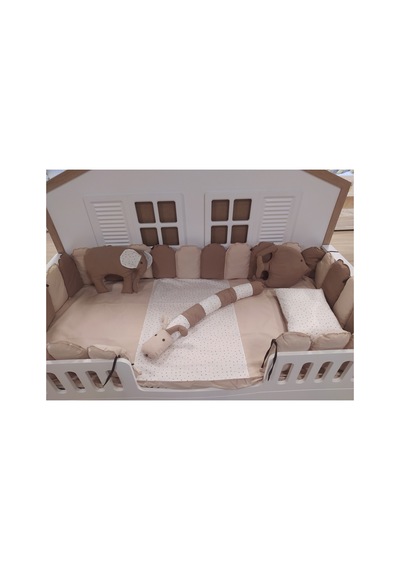Montessori Uyku Seti 100 200 Cm, Çift Yönlü, Nevresim 155 215 Cm, Lastikli Çarşaf Kahverengi Bej