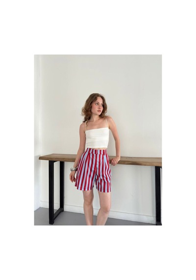 Verymoda Çizgili Pileli Bermuda Şort D3097 Kırmızı Mavi