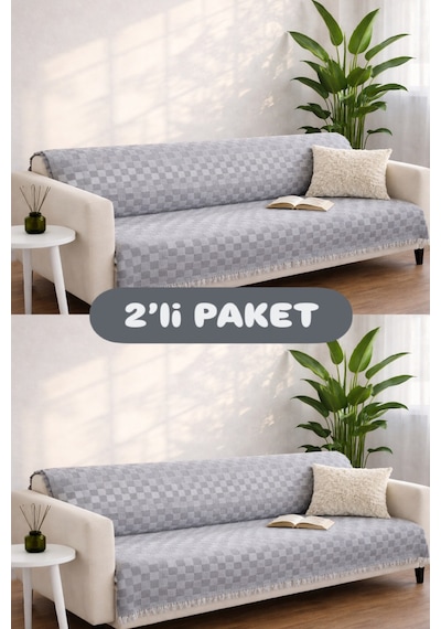Miracolo Home Pamuklu Koltuk Örtüsü Şalı Kaymaz Dokulu Çok Amaçlı Kanepe Çekyat Örtüsü 170x200 Cm 2'li Paket Antrasit