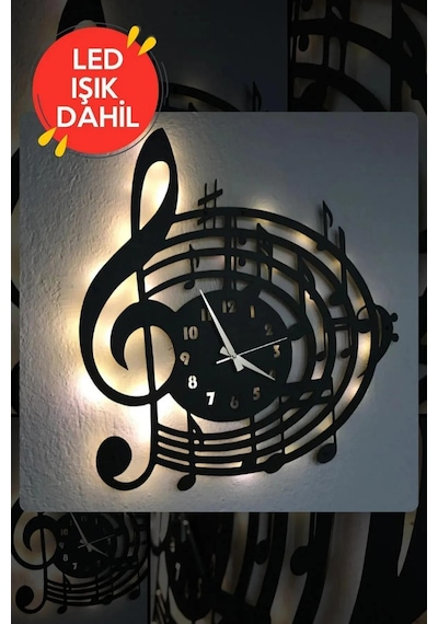 Led Işıklı Ahşap Müzik Duvar Saati Sessiz Dekoratif Modern Siyah Led Işıklı Ahşap Müzik Duvar Saati Sessiz Dekoratif Modern Siyah