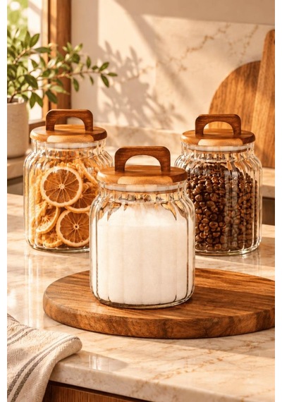 Atbyhome 3'lü Kulplu Ahşap Kapaklı Çizgili Borosilikat Cam Kavanoz Seti 1150ml - Vakumlu Büyük Boy Erzak Kabı Ahşap - Şeffaf
