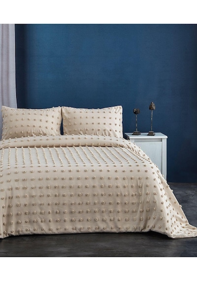 Evlen Home Pamuklu Emmy Yatak Örtüsü Seti Günlük Tek Kişilik Boho 2 Parça Dolgulu Tufting Bej Bej