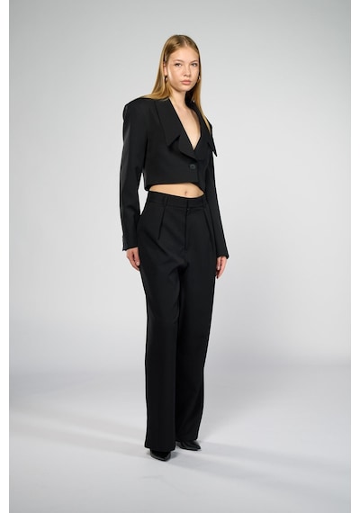 Kadın Siyah Geniş Yaka Crop Blazer Siyah