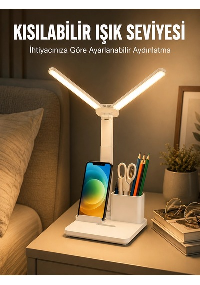 Kısılabilir Led Masa Lambası Kalemlik, Telefon Standı Ve Okuma Işığı Bir Arada Yeni Nesil Çok Renkli