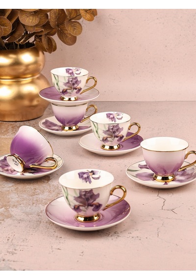Paçi Orchid Çiçekli Yaldızlı 6 Kişilik Kahve Takımı Mor
