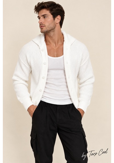 Tarz Cool Erkek Düğme Detaylı Regular Fit Hırka Beyaz