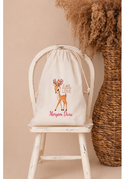 İsme Özel Kız Bebek Çocuk Kıyafet Kesesi 30x40 Cm %100 Pamuk Ham Bez İsim Baskılı Yıkanabilir Kişiye Özel Kese 2081kk Ekru
