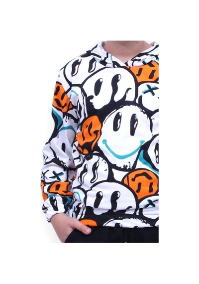 Fyk Kids Gülen Yüz Desenli Kapşonlu Unisex Sweatshirt Turuncu