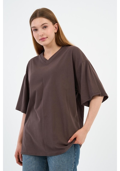 V Yaka Oversize T-shirt E24-742a-wn Kahverengi