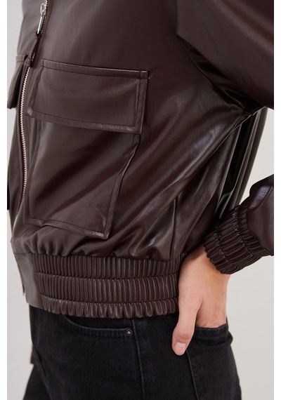 Fullamoda Çift Cepli Polo Yaka Suni Deri Bomber Ceket Bordo