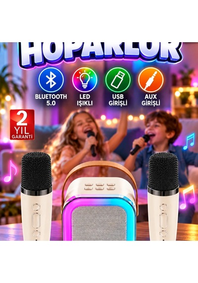 Çift Mikrofonlu Karaoke Hoparlör Bluetooth 5.0, Led Işıklı, Usb Ve Aux Girişli