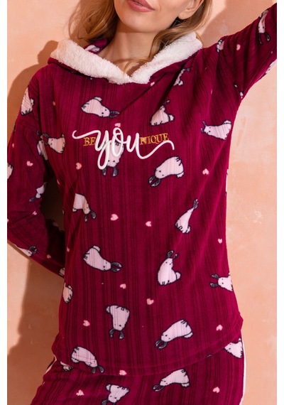 Nisanca Kapüşonlu Kışlık Kadın Peluş Polar Pijama Takımı - Yeni Yıl Pijaması Mürdüm