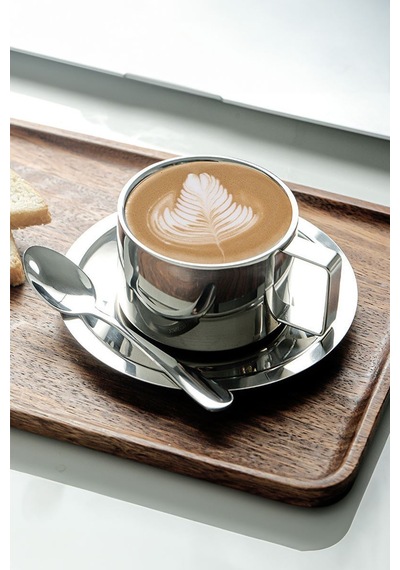 Çelik 2 Adet 3 Parça 200 Ml Çift Cidar Espresso Kahve Fincan Seti Sunum Bardağı Gri