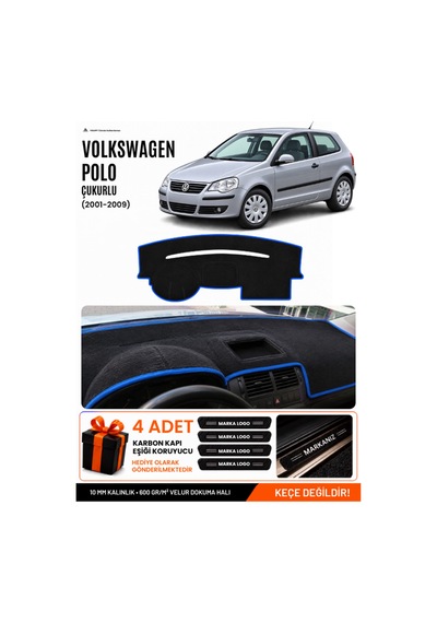 Volkswagen Polo Çukurlu 2001-2009 Uyumlu Torpido Örtüsü, Torpido Kılıfı - Siyah-mavi - Vw019