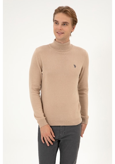 U.S. Polo Assn. Erkek Slim Fit Boğazlı Kum Melanj Basic Kazak 50313712-VR123