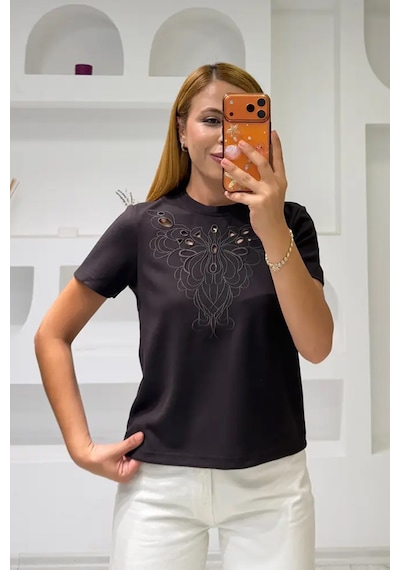 Fiolin Soft Touch Modal Kumaş Nakışlı Lazer Kesim T-shirt Siyah