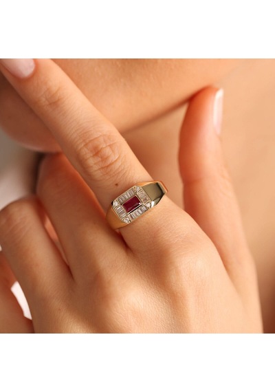 14 Ayar Altın Ruby Yüzük Özel Tasarım Square T11012 Renkli