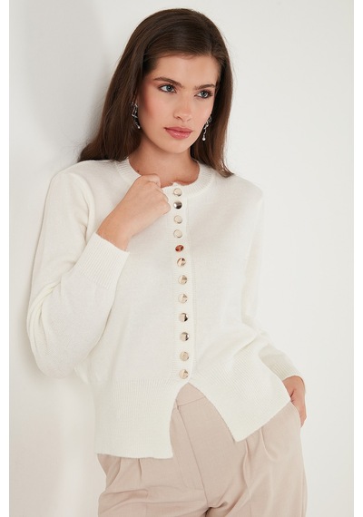 Lela Premium Comfort Fit Yuvarlak Yaka Crop Triko Bayan Hırka 680Hi00164 Ekru
