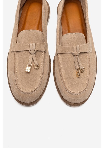 Luvishoes Ilvena Bej Süet Hakiki Deri Kadın Loafer Ayakkabı