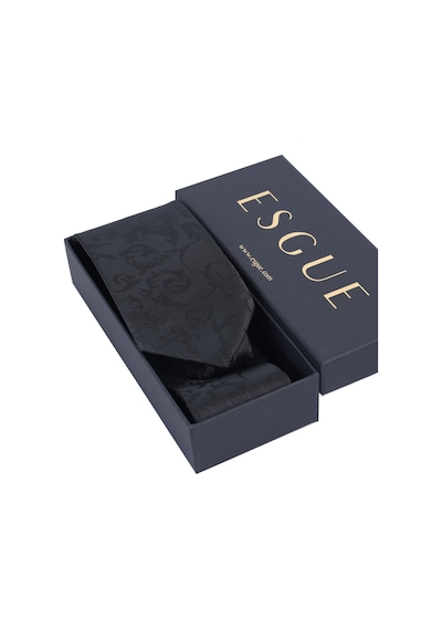 Esgue Hand Made 8 Cm Dalgalı Desen Siyah Renk Mendilli Kravat Lacivert - Gri