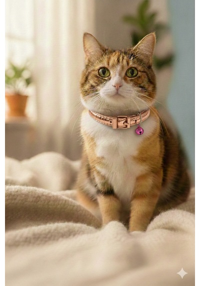 Kedi Tasması Rose Gold Deri Zilli Ayarlanabilir M Beden Kedi Boyun Tasması