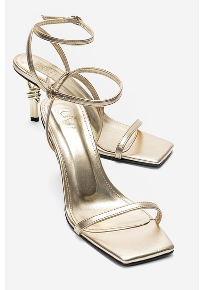 Luvishoes Sone Altın Cilt Gold Topuklu İnce Bantlı Kadın Topuklu Ayakkabı