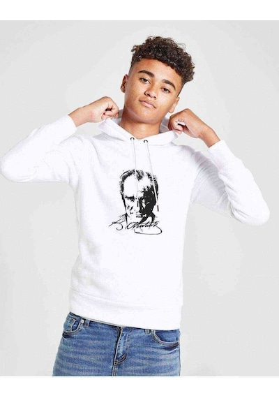 Tshirthane Atatürk 23 Nisan Baskılı Unisex Çocuk Kapüşonlu Beyaz Sweatshirt Beyaz