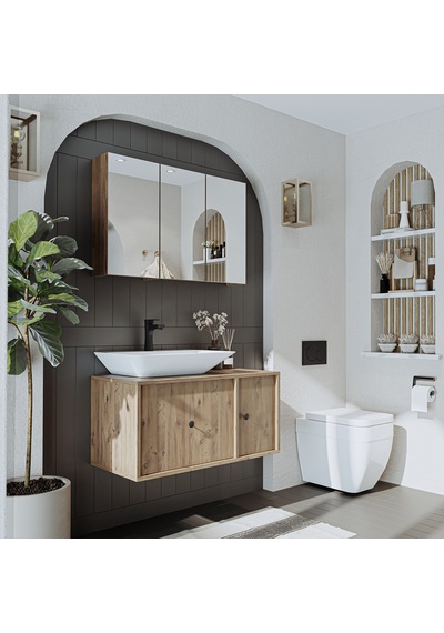 Çanak Lavabolu Mat Mdf 90 Cm Banyo Dolabı + Aynalı Dolap Atlantik Atlantik Çam