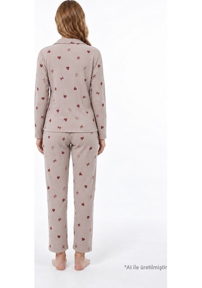 Cottonill Vizon Desenli Waffle Dokulu Gömlek Yaka Düğmeli Uzun Kollu Kadın Pijama Takımı Cottonill Vizon Desenli Waffle Dokulu Gömlek Yaka Düğmeli Uzun Kollu Kadın Pijama Takımı