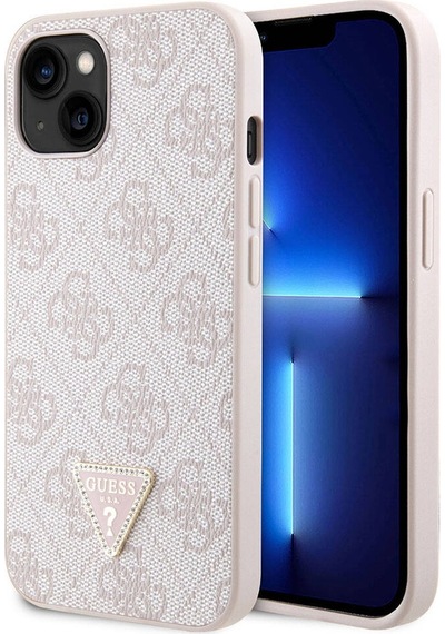 Apple Uyumlu iPhone 14 Kılıf Guess Lisanslı Pu Deri Taşlı Üçgen Logo 4g Desenli Kapak Pembe