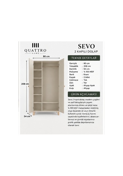 Sevo 2 Kapaklı Dolap Krem - Meşe