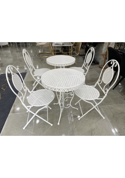 Ferforje Katlanır 1 Masa 4 Sandalye Balkon Takımı Beyaz 60cm Beyaz